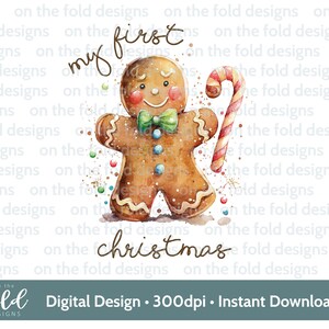 Premier Noël en pain d'épice, 1er Noël, téléchargement clipart numérique instantané PNG, vêtements pour bébé, conception de cartes de Noël, sublimation, canne en bonbon