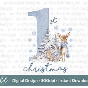 First Christmas Baby Deer Clipart, Cute 1st Xmas, PNG instant digital design baby clothes,  Christmas card design, Sublimation, Winter Scene