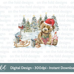 Weihnachten Wald Teddy, digitale Clipart Sublimation Clipart, png, niedlichen Winterszene, Kissenbezug, pj, Pullover T-shirt Design Weihnachten Decoupage