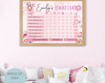 May include: A pink and white reward chart featuring a fairy illustration and the text "Emily's Reward Chart". The chart lists tasks with points assigned to each, for example, "Brush Teeth (3pts)" and "Learn Spellings (8pts)". There are 50 pink hearts to track progress.