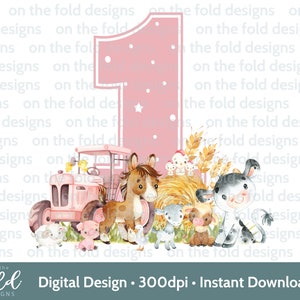 Rose ferme cour animaux PNG Clipart 1er anniversaire Tshirt carte design DTF DTG impression par sublimation téléchargement immédiat fille une invite autocollant