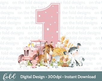 Pink Farm Yard Animals PNG Clipart 1st Birthday Tshirt Card Design DTF DTG Sublimation Print Instant Download Girl One Invites Sticker