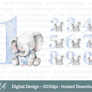 Éléphant anniversaire numéros Clipart noeud papillon garçon bleu sublimation PNG Téléchargement numérique instantané Tshirt pour gâteau fabrication de cartes décoration de fête UVDTF