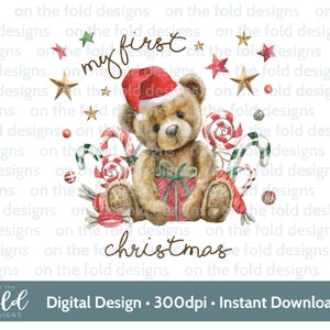 Nounours de Noël, 1er Noël, bonnet de Noel, téléchargement clipart numérique instantané PNG, vêtements pour bébés, conception de cartes de Noël, sublimation,