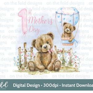Urso de pelúcia 1º Dia das Mães Bebê Flor Jardim Balão Clipart Nova Múmia PNG Download Digital Sublimação DTF Impressão Cartão Fazendo Colete de Bebê