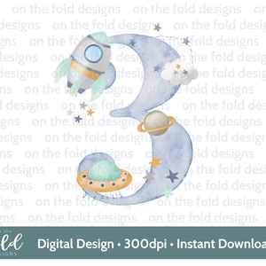 Spazio, astronauta, clipart numero 3° compleanno, sublimazione, PNG, download digitale, astronave, razzo, acquerello, trasferimento DTF/DTG, inviti