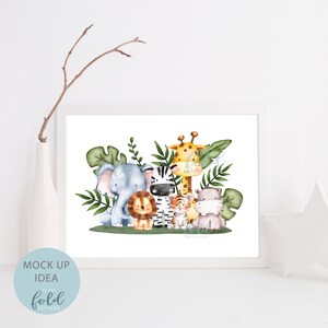 May include: A watercolor illustration of a group of jungle animals, including an elephant, zebra, giraffe, lion, tiger, and hippopotamus. The animals are surrounded by green leaves.