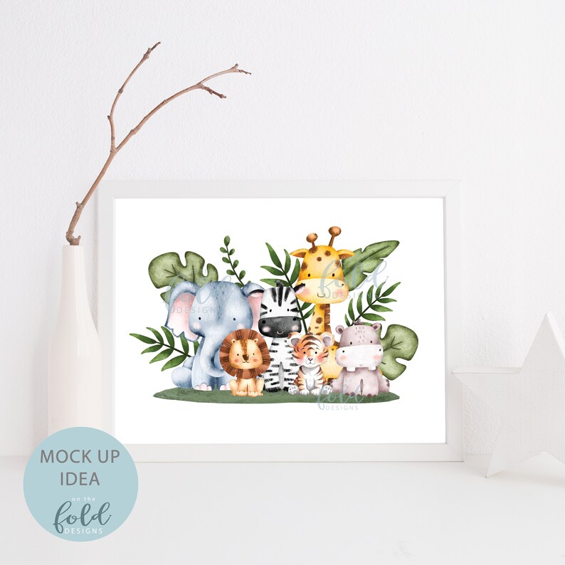 May include: A watercolor illustration of a group of jungle animals, including an elephant, zebra, giraffe, lion, tiger, and hippopotamus. The animals are surrounded by green leaves.