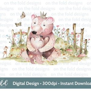 Clipart ours des bois, image de campagne mignonne, fleurs sauvages, téléchargement immédiat des cliparts transparent, impression par sublimation, graphique aquarelle