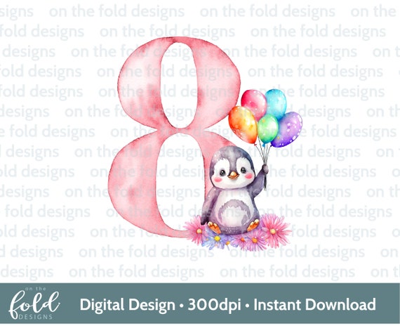 Penguin Number Eighth 8th Birthday design, flowers and balloons. PNG clipart design, transparent clipart image instant download, sublimation