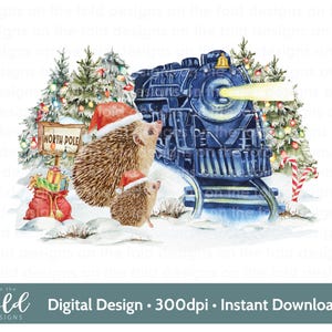 Imágenes prediseñadas de erizo de Polar Express, tren navideño, tren azul de Papá Noel, diseño de camiseta navideña, diseño de tarjeta de boleto de tren PNG, imagen de sublimación