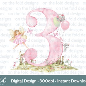 Fee zum 3.Geburtstag Clipart Magisch Pink Nummer Drei, Aquarell Clipart, PNG Mädchen Druck Transparenter Hintergrund, Sublimation, Abziehbild Design