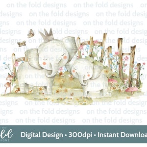 Clipart éléphant des bois, image de campagne mignonne, fleurs sauvages, téléchargement immédiat de clipart transparent, impression par sublimation, graphique aquarelle