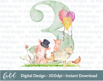 3rd birthday farm animal Clipart, sublimation, farmyard fun, birthday printable, png designs, transparent, instant download, card making