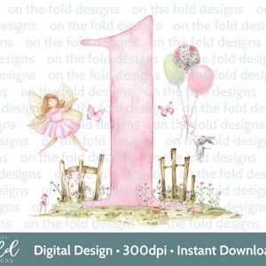 Fee 1. Geburtstag Clipart Magische Rosa Zahl Eins Aquarell Clipart Erste PNG Mädchen Druck Transparent Hintergrund Sublimation Abziehbild Design