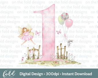 Fairy 1st Birthday Clipart Magical Pink Number One Watercolor Clipart First PNG Girl Print Transparent Background Sublimation Decal Design