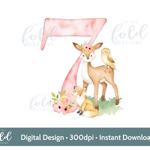 Conception de la forêt, animal des bois 7e anniversaire, cerf, hibou, renard conception de sublimation de composition florale PNG téléchargement numérique instantané
