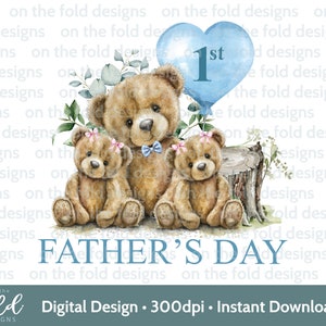 Jumeaux papa ours en peluche 1ère fête des pères Clipart PNG téléchargement Transparent nounours papa filles souvenir Sublimation Design téléchargement numérique