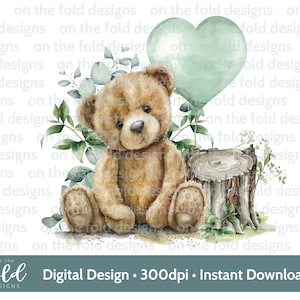 Ours en peluche Clipart PNG Eucalyptus vert sauge Sublimation DTF gilet bébé carte personnalisée numérique Image en vinyle transparent aquarelle