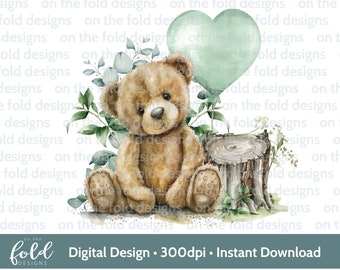 Teddy Bear Clipart: Eucalyptus, Sage Green Balloon (Digital PNG)