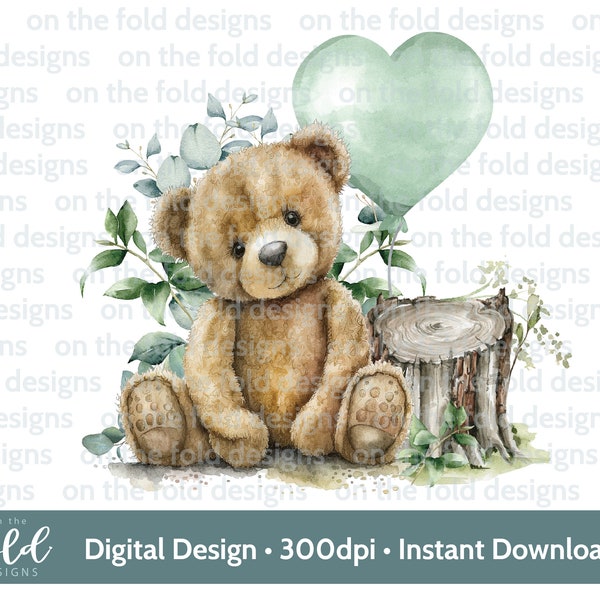 Teddy Bear Clipart PNG Eucalyptus Sage Green Sublimation DTF Baby Vest Personalised Card Digital Transparent Watercolor Vinyl Image