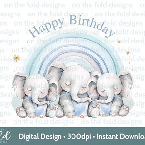 Joyeux anniversaire Clipart éléphant bleu arc-en-ciel sublimation impression UVDTF DTG PNG carte bébé gilet garçon papa papa grand-père pops homme image graphique