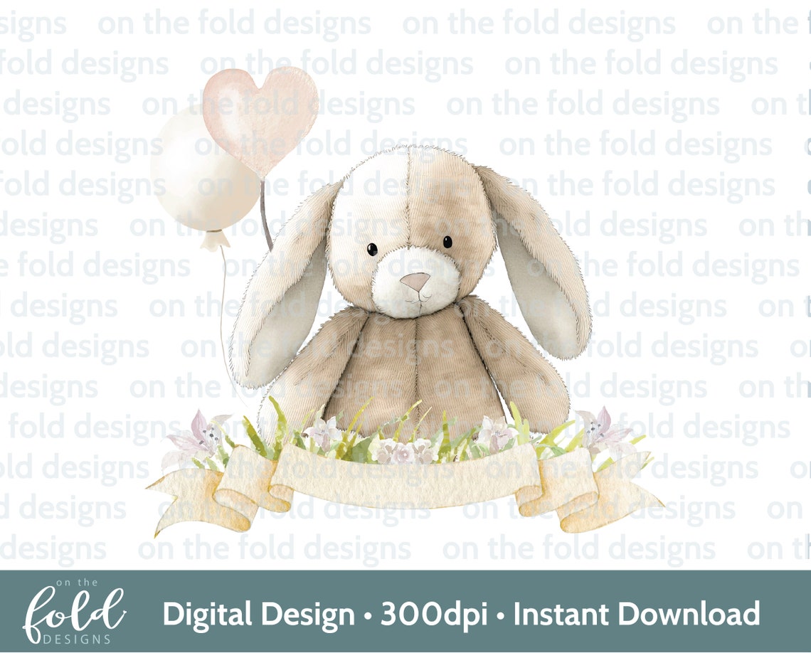 Cute Neutral Rabbit Neutral Bunny Rabbit Clipart Floral Banner Scroll Watercolour PNG ...
