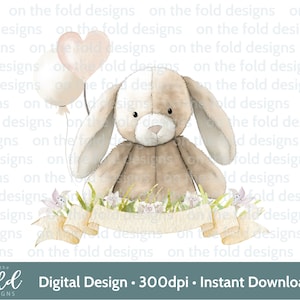 Bannière florale neutre lapin lapin parchemin aquarelle PNG téléchargement numérique instantané vêtements de bébé carte Design image UVDTF sublimation