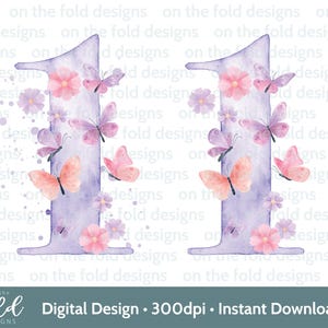 Primer cumpleaños Mariposa Clipart Número Uno Imagen Png Descarga instantánea Sublimación Manualidades, Fabricación de tarjetas, Adorno para tartas, Decoración de fiesta Uv Dtg
