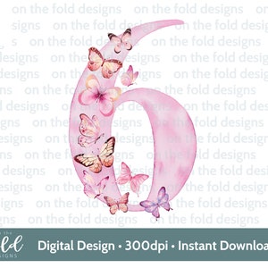 Vlinder clipart, 6e verjaardag, nummer zes afbeelding, png instant download voor sublimatie, kaarten maken, taarttopper, feestdecoratie