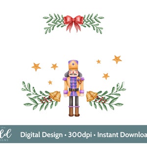 May include: A watercolor illustration of a nutcracker soldier with a purple and yellow uniform, holding a golden bell. The nutcracker is surrounded by green holly branches with red berries and gold stars.