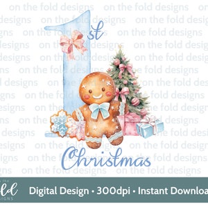 Clipart del primo pan di zenzero di Natale, carino primo Natale PNG acquerello digitale istantaneo, design della carta pastello per bambini, sublimazione, stampa del maglione del pigiama