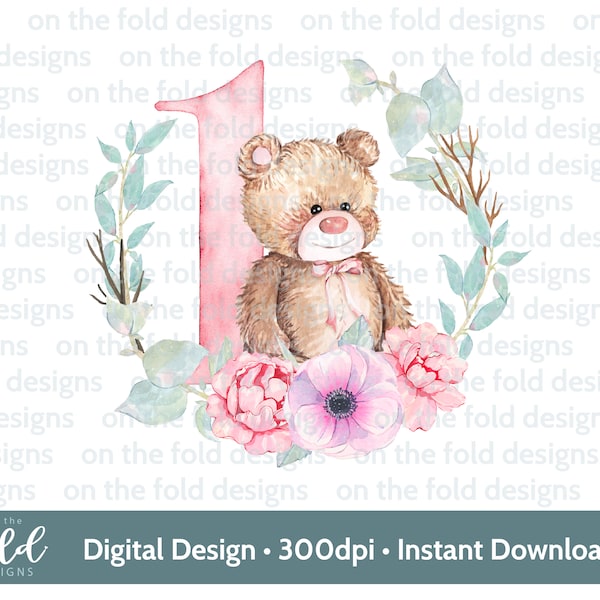 Teddy Bear, Pink Floral, wreath, png download, transparent background, 1st birthday, first keepsake, sublimation design, digital download,
