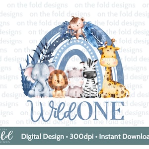 Wild One safari animal arc-en-ciel png Garçon bleu Transparent Clipart Téléchargement instantané 1er cadeaux d'anniversaire dans la jungle Impression UVDTF par sublimation