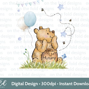 Clipart clásico de Winnie the Pooh para cumpleaños, clipart de bebé del bosque, flores silvestres, clipart transparente, impresión por sublimación, gráfico de acuarela