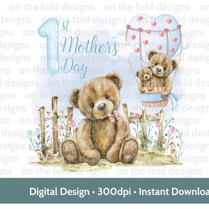 Urso de pelúcia 1º dia das mães azul bebê flor jardim balão de ar quente clipart múmia download digital sublimação dtf impressão cartões colete de bebê