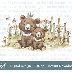 Clipart ours des bois, image de campagne mignonne, fleurs sauvages, téléchargement immédiat de clipart transparent, impression par sublimation, graphique aquarelle