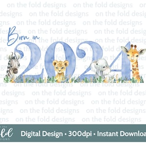 Animaux de safari, nés en 2024, clipart PNG transparents, sublimation, création d'invitations, fabrication de cartes DTF DTG gilet bébé, boîte souvenir