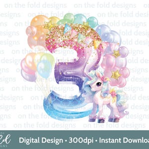 Einhorn Ballon 3. Geburtstag Nummer Drei Aquarell Clipart Vierte PNG Mädchen Druck transparenten Hintergrund, Sublimation, Abziehbild Ballons UVDTF