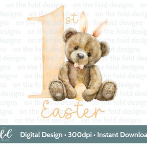 Clipart di orsacchiotto di Pasqua 1° orecchie da coniglio di Pasqua Acquerello PNG Clipart digitale istantanea Vestiti per bambini Design della carta Gilet Stampa a sublimazione UVDTF