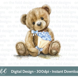 Orsacchiotto di San Valentino con fiori blu Clipart PNG Download digitale Stampa a sublimazione DTF Creazione di biglietti personalizzati Uso personale e per piccole imprese