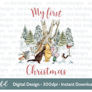 Winnie l'ourson classique, Noël, hiver Woodland Wonderland Scene Clipart, clipart transparent, impression par sublimation, graphique aquarelle