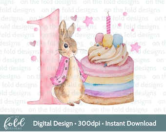 Lapin rose, gâteau d'anniversaire, rose, téléchargement PNG, fond transparent, 1er anniversaire, premier souvenir, conception par sublimation, téléchargement numérique,