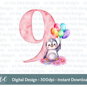 Pingouin numéro neuvième 9e anniversaire, fleurs et ballons. Conception de clipart PNG, téléchargement immédiat d'image clipart transparente, sublimation