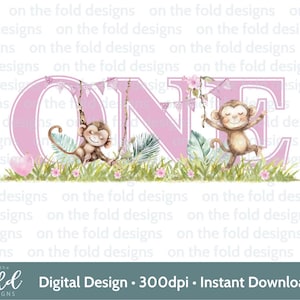 May include: Pink watercolor 'ONE' with two monkeys swinging from a string of pink flags. The monkeys are brown with pink cheeks and white bellies. The background is green grass with pink flowers.