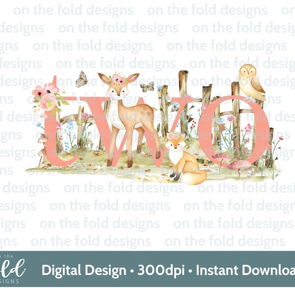 Number TWO Forest, Woodland Animal 2nd birthday design, Deer, Owl, Fox Floral composition sublimation design PNG instant digital download