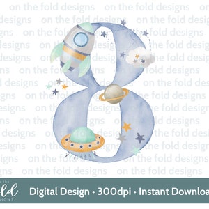 Spazio, astronauta, clipart del numero di compleanno di 8°, sublimazione, PNG, download digitale, astronave, razzo, acquerello, trasferimento DTF/DTG, inviti