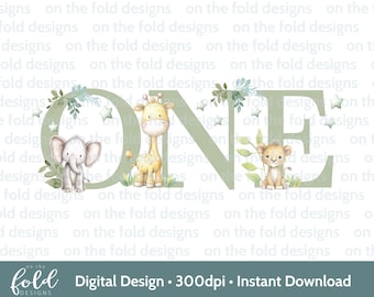 Clipart PNG com tema Safari para o 1º aniversário com o número 1 | Design de aniversário com tema da selva | Download instantâneo e transparente para decoração de bolos, cartões e sublimação