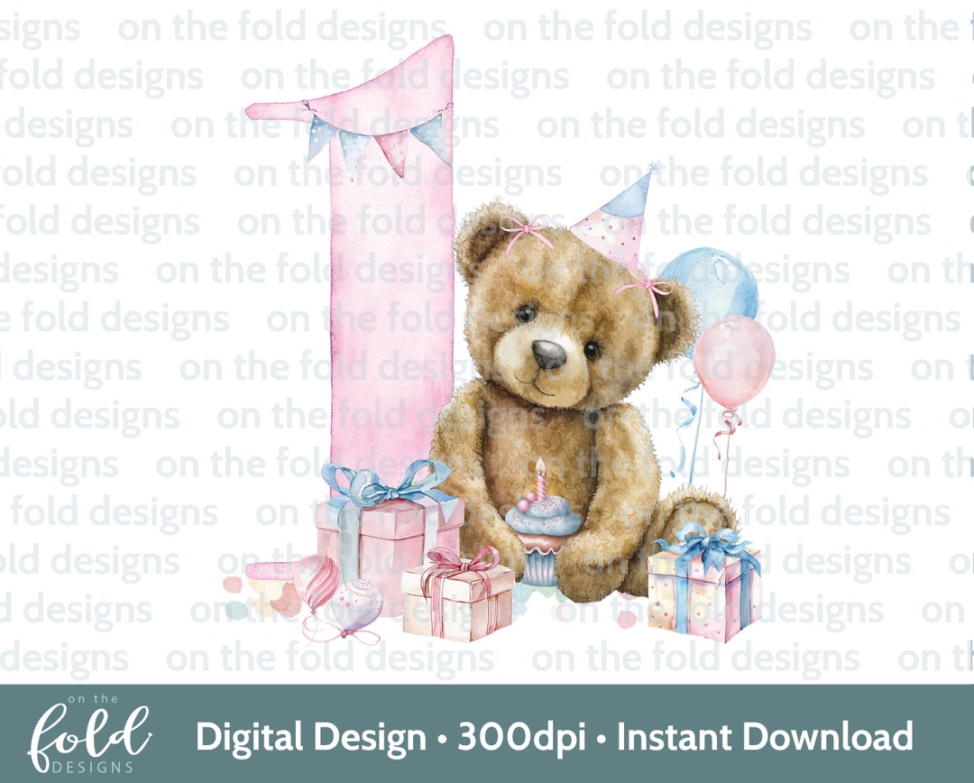 Teddy Bear, Ballooon 1st Birthday Pink Clipart Presents Sublimation PNG ...