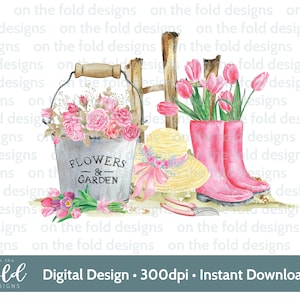 以下が含まれることがあります： ピンクのバケツにピンクのバラが詰め込まれ、ピンクの麦わら帽子、ピンクのレインブーツ、ピンクのチューリップのブーケが置かれた、水彩画のガーデニングシーンのイラスト。バケツには「Flowers & Garden」の文字が書かれている。